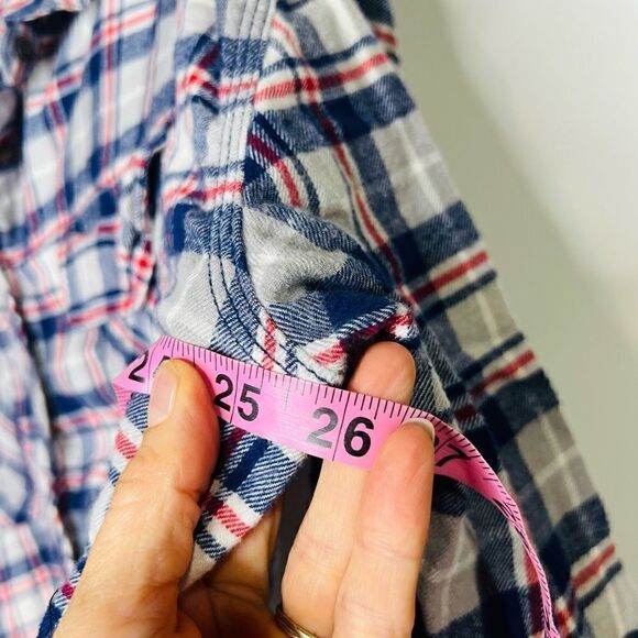 BDG Urban Outfitters Gray Red White Blue Flannel Plaid Crop Oversized Shirt Butt - Picture 7 of 11